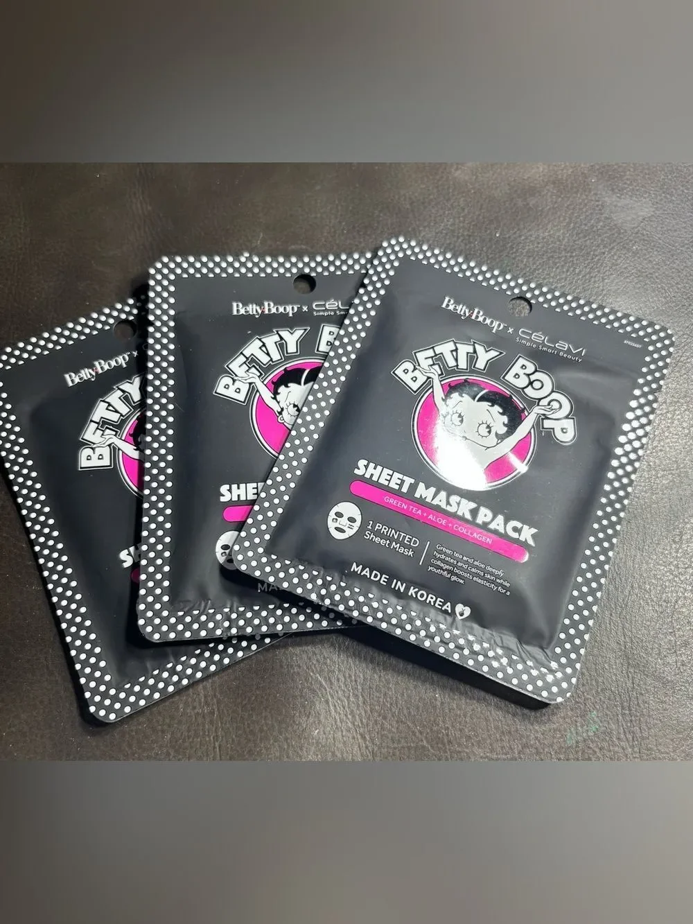 3 New Betty Boop Face Sheet Mask Pack Hydrating Green Tea + Aloe + Collagen